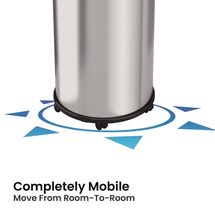 Open Top Trash Can with Wheels, Round, 16 gal, Plastic/Stainless Steel, Silver