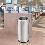 Open Top Trash Can with Wheels, Round, 16 gal, Plastic/Stainless Steel, Silver