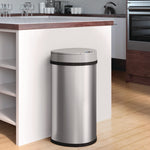Sensor Trash Can, Half-Round Cylinder, 13 gal, Plastic/Stainless Steel, Silver