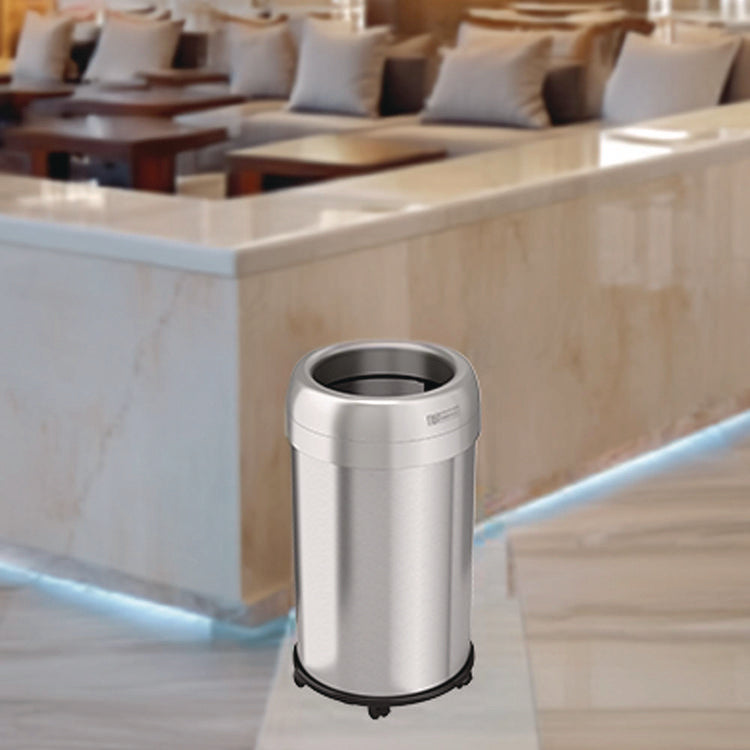 Open Top Trash Can with Wheels, Round, 13 gal, Plastic/Stainless Steel, Silver