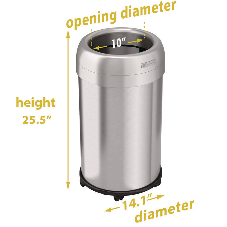 Open Top Trash Can with Wheels, Round, 13 gal, Plastic/Stainless Steel, Silver