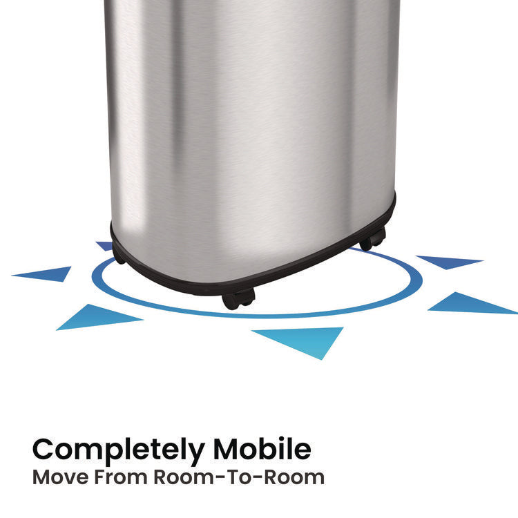 Open Top Trash Can with Wheels, Oval, 16 gal, Plastic/Stainless Steel, Silver