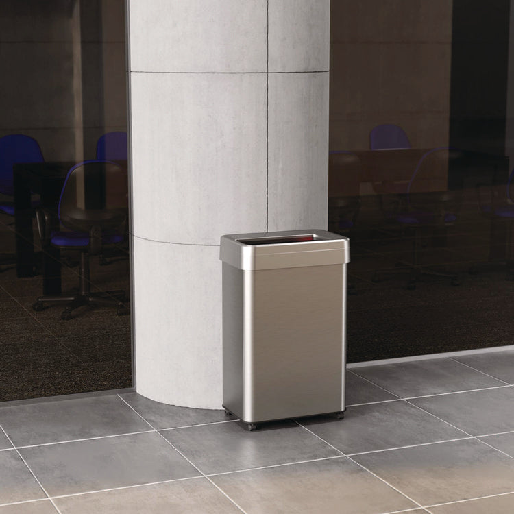 Open Top Trash Can with Wheels, Rectangular, 16 gal, Plastic/Stainless Steel, Silver