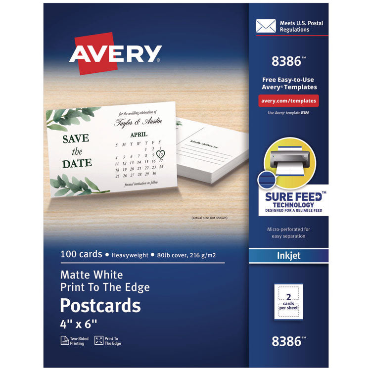 Printable Postcards, Inkjet, 80 lb, 4 x 6, Matte White, 100 Cards, 2 Cards/Sheet, 50 Sheets/Box