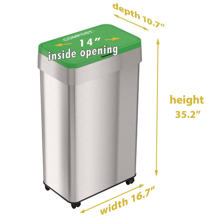 Open Top Compost Bin with Wheels and Color-Coded Lid, 21 gal, Plastic/Stainless Steel, Silver/Green