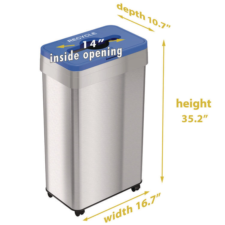 Open Top Recycling Bin with Wheels and Color-Coded Lid, 21 gal, Plastic/Stainless Steel, Silver/Blue