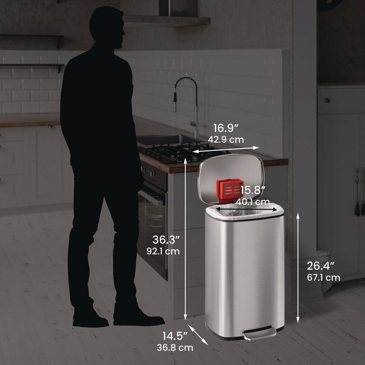 Step Pedal Trash Can, 13 gal, Plastic/Stainless Steel, Silver