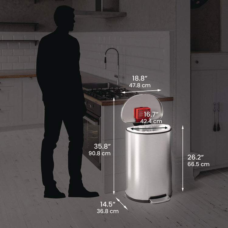 Step Pedal Trash Can, 13 gal, Half-Round Plastic/Stainless Steel, Silver