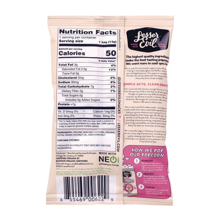 Himalayan Pink Salt Organic Popcorn, Salt, 0.46 oz Bag, 24/Carton