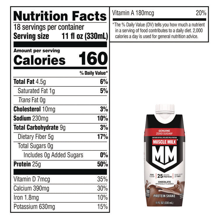 Genuine Chocolate Protein Shake, 11 oz Carton, 18/Carton