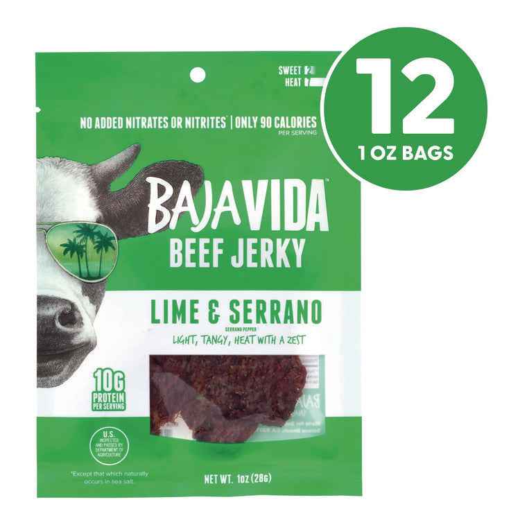 Beef Jerky Lime and Serrano Pepper Snack Pack, Lime and Serrano Pepper, 1 oz Packet, 12/Carton