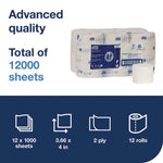 Advanced Coreless High Capacity Bath Tissue, 2-Ply, White, 1,000 Sheets/Roll, 12 Rolls/Carton