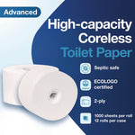 Advanced Coreless High Capacity Bath Tissue, 2-Ply, White, 1,000 Sheets/Roll, 12 Rolls/Carton