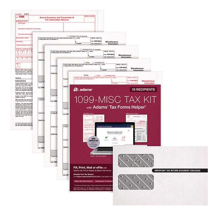 4-Part 1099-MISC Tax Form Kit with Security Envelopes and Tax Forms Helper, 2024, 8 x 5, 2 Forms/Sheet, 10 Forms Total