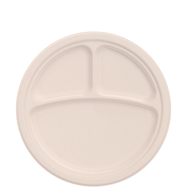 Compostable Molded Fiber Dinnerware, ProPlanet Seal, 3-Compartment Plate, 10.2" dia, Natural, 500/Carton