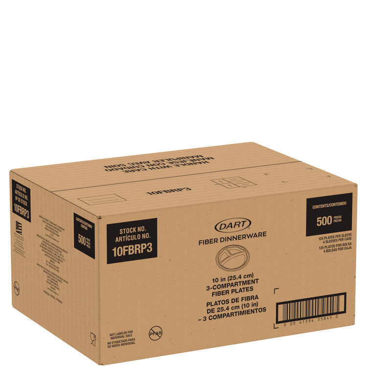 Compostable Molded Fiber Dinnerware, ProPlanet Seal, 3-Compartment Plate, 10.2" dia, Natural, 500/Carton
