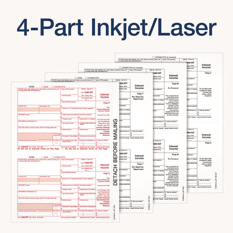 4-Part 1099-INT Tax Forms with Tax Forms Helper, Fiscal Year: 2024, 4-Part Carbonless, 8 x 5.5, 2 Forms/Sheet, 24 Forms Total