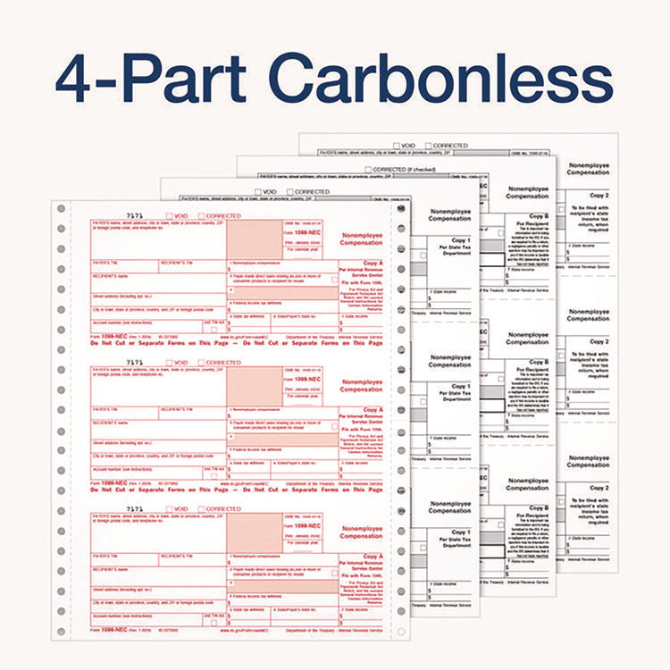4-Part 1099-NEC Continuous Feed Tax Forms, Fiscal Year: 2024, Four-Part Carbonless, 8.5 x 5.5, 2 Forms/Sheet, 24 Forms Total