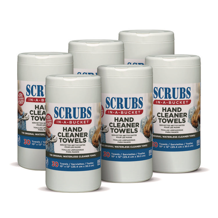 Hand Cleaner Towels, 1-Ply, 10 x 12, Citrus, Blue/White, 30/Canister, 6/Carton