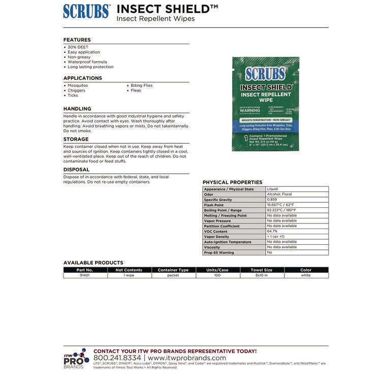 Insect Shield Insect Repellent Wipes, 8 x 10, Floral, 100/Carton