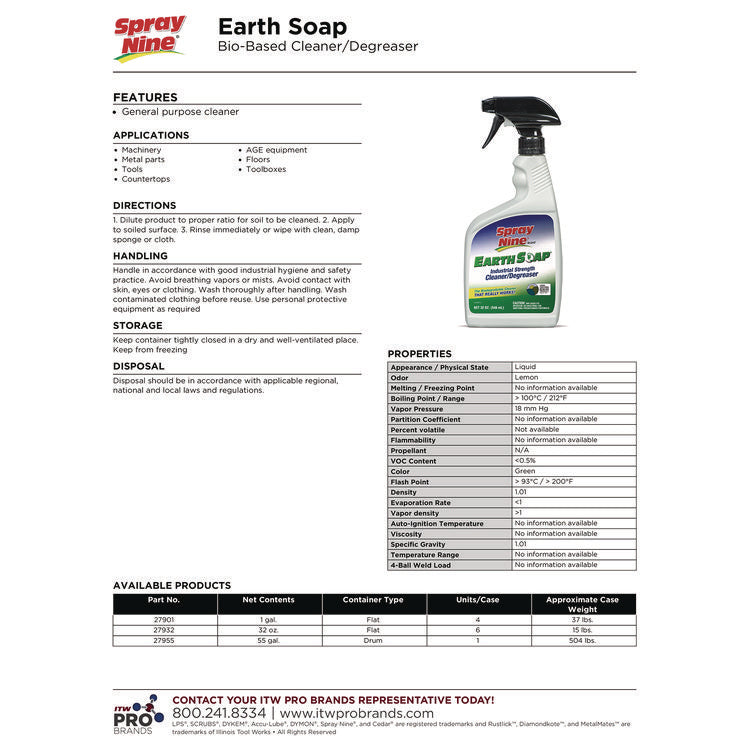 Earth Soap Concentrated Cleaner/Degreaser, 1 gal Bottle, 4/Carton