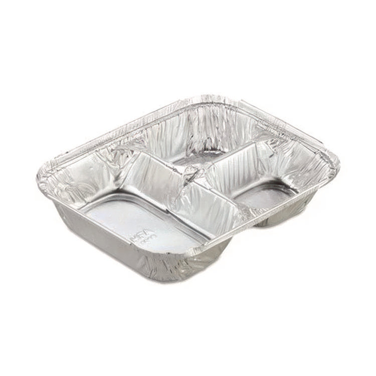 Aluminum Oblong Container with Lid, 3 Compartments, 24 oz, 8.5 x 6.38 x 1.47, Silver, 500/Carton