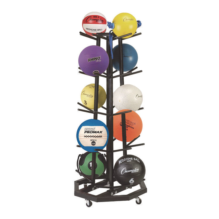 Deluxe Five-Row Mobile Medicine Ball Rack, Metal, 198 lb Capacity, 25" x 25" x 56", Black