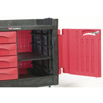TradeMaster Cart with One Door, Plastic, 3 Shelves, 4 Drawers, 750 lb Capacity, 26.25" x 49" x 38", Black