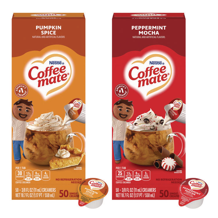 Liquid Coffee Creamer, Peppermint Mocha/Pumpkin Spice, 0.38 oz Mini Cups, 50/Pack, 4 Packs/Carton