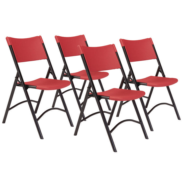 600 Series Heavy Duty Plastic Folding Chair, Supports Up to 500 lb, 18" Seat Height, Red Seat/Back, Black Base, 4/Pack