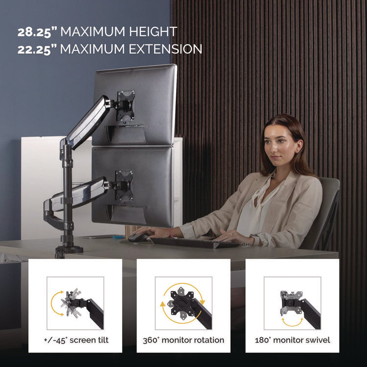 Platinum Series Dual Stacking Arm For 27" Monitors, 360 Deg Rotation, 180 Deg Tilt, 360 Deg Pan, Black, Supports 22 Lb