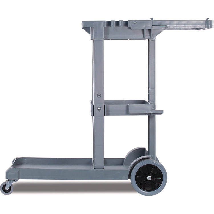 Janitor's Cart, Plastic, 4 Shelves, 1 Bin, 19" x 45" x 39", Gray