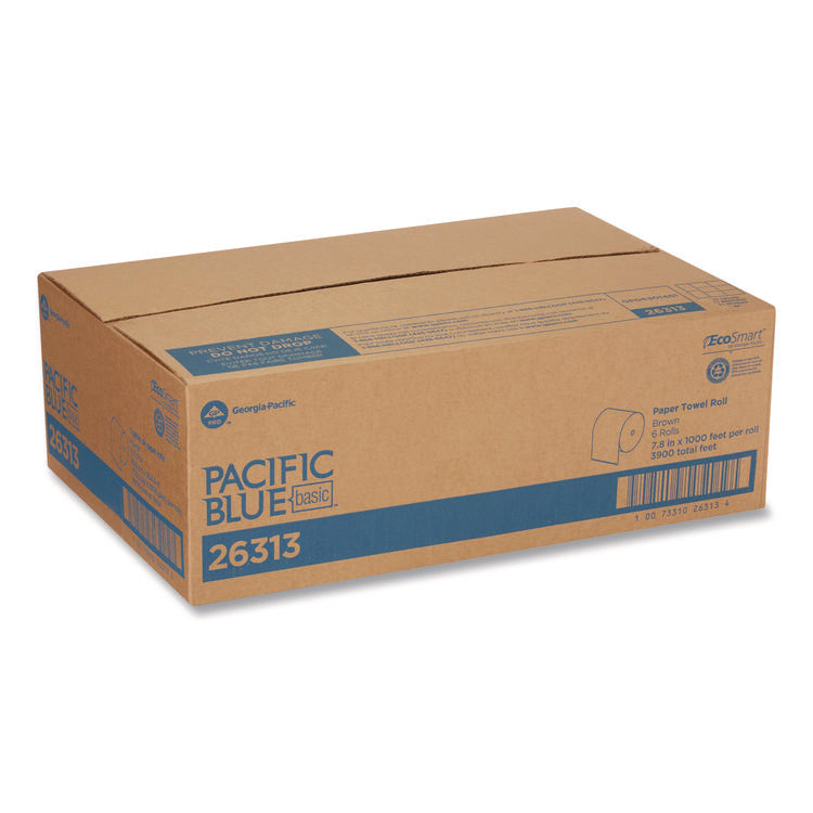 Pacific Blue Basic Recycled Paper Towel Roll, 1-Ply, 7.87 " x 1,000 ft, Brown, 6/Carton