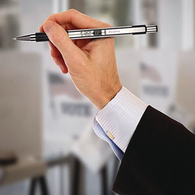 F-301 Ballpoint Pen, Retractable, Fine 0.7 mm, Black Ink, Stainless Steel/Black Barrel, Dozen