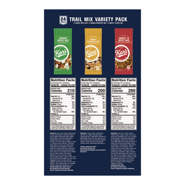 Trail Mix Variety Pack, Mango Pineapple/Sweet 'N Spicy/Yogurt Apple Nut, 24 Packets/Box