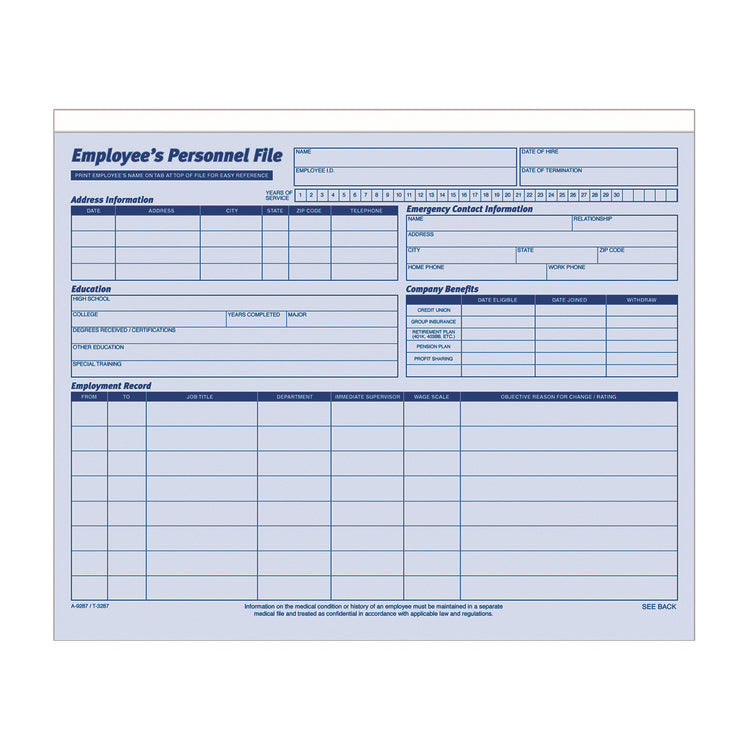 Employee Personnel File Jacket, Unpunched, Straight Tab, Letter Size, Blue, 20/Pack