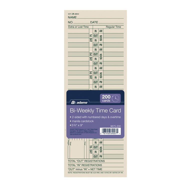 Time Cards for Acroprint, Amano and Lathem Time Clocks, Two Sides, Bi-Weekly, 3.38" x 9", 200/Pack