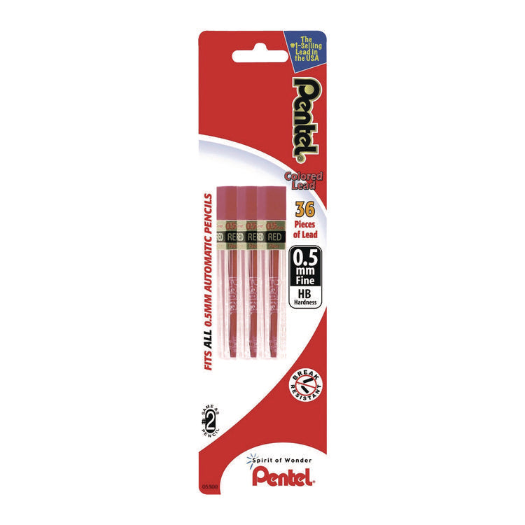 Colored Lead Refill, 0.5 mm, HB, Red, 12 Leads/Tube, 3 Tubes