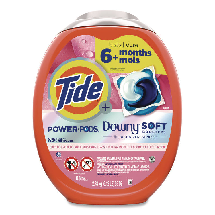Power PODS Plus Downy Laundry Detergent, April Fresh Scent, 98 oz Tub, 63 Pods/Tub