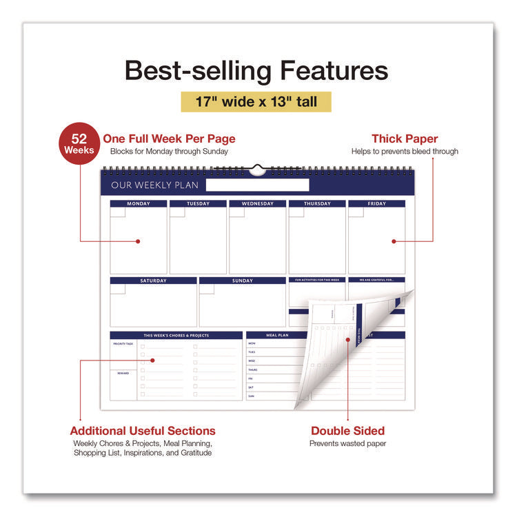 Weekly Family Planner, 17 x 13, White/Blue Sheets, 52 Weeks: Undated