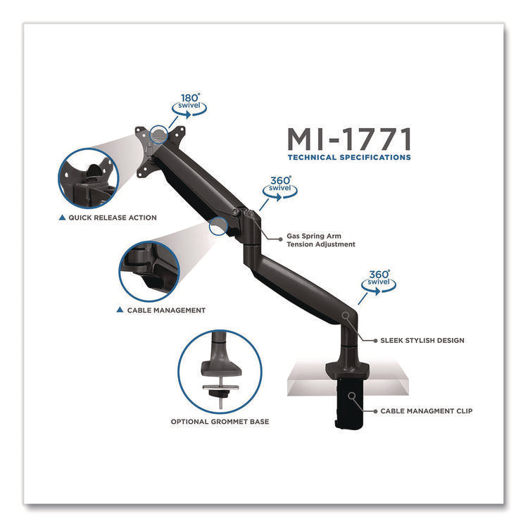 Single Monitor Gas-Spring Mounting Arm, For 13" to 32" Monitors, 360 Degree Rotation, +/-45 Degree Tilt, Black, Supports 20lb