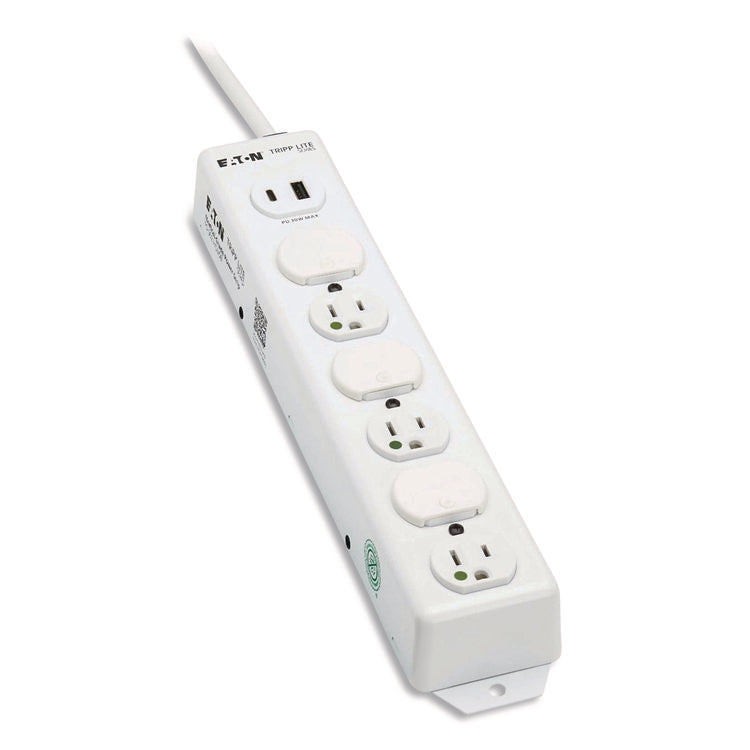 Safe-IT Medical-Grade Power Strip with Antimicrobial Protection, 6 Hospital-Grade Outlets, USB Charging, 2 ft Cord, White