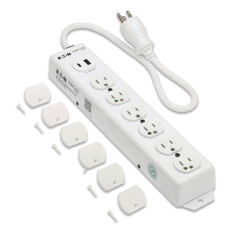 Safe-IT Medical-Grade Power Strip with Antimicrobial Protection, 6 Hospital-Grade Outlets, USB Charging, 2 ft Cord, White