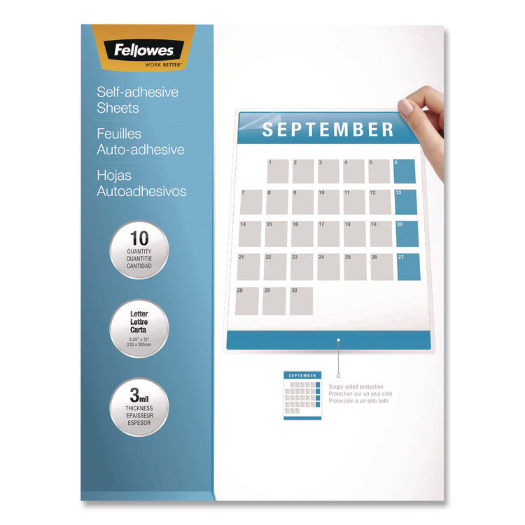Self-Adhesive Laminating Sheets, 3 mil, 9.25 x 12, Glossy Clear, 10/Pack