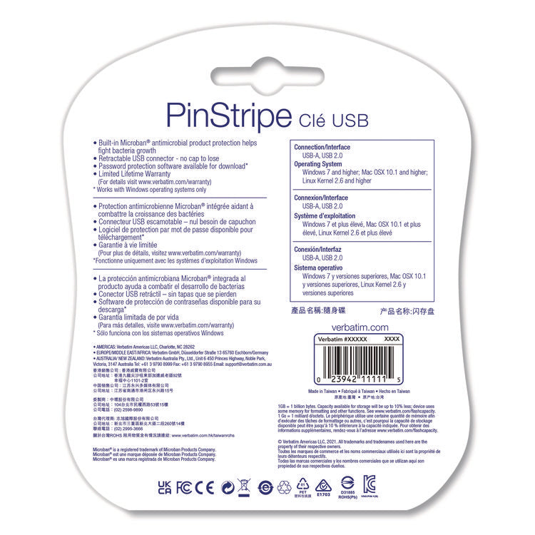 PinStripe USB 2.0 Flash Drive, 128 GB, Blue/Red, 2/Pack