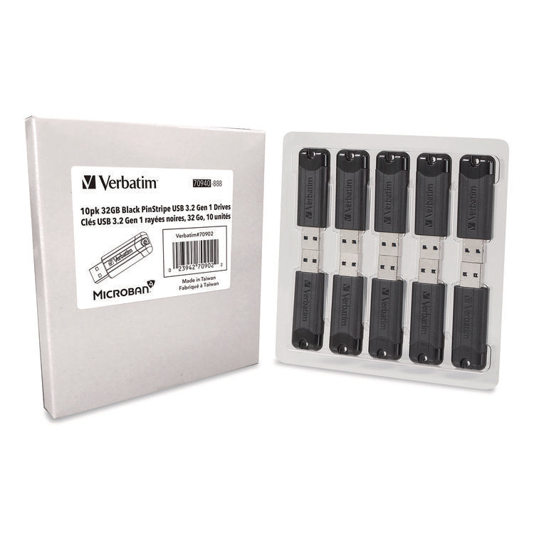 Pinstripe USB 3.2 Flash Drive, 32 GB, Black 10/Pack