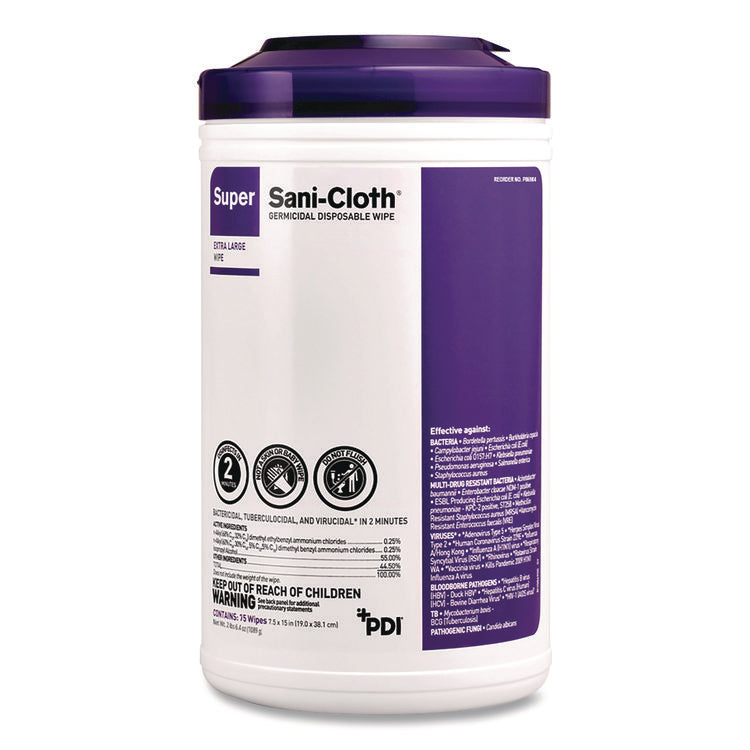 Super Sani-Cloth Disinfecting Wipes, 15 x 7.5, Unscented, White, 75 Wipes/Canister, 6/Carton