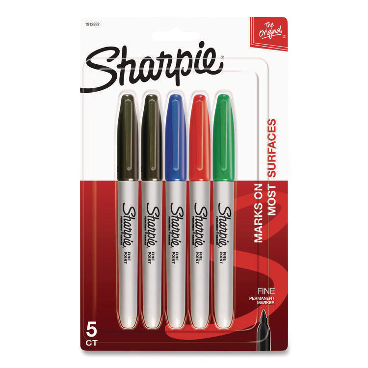 Fine Tip Permanent Marker, Fine Bullet Tip, Assorted Ink Colors, 5/Pack
