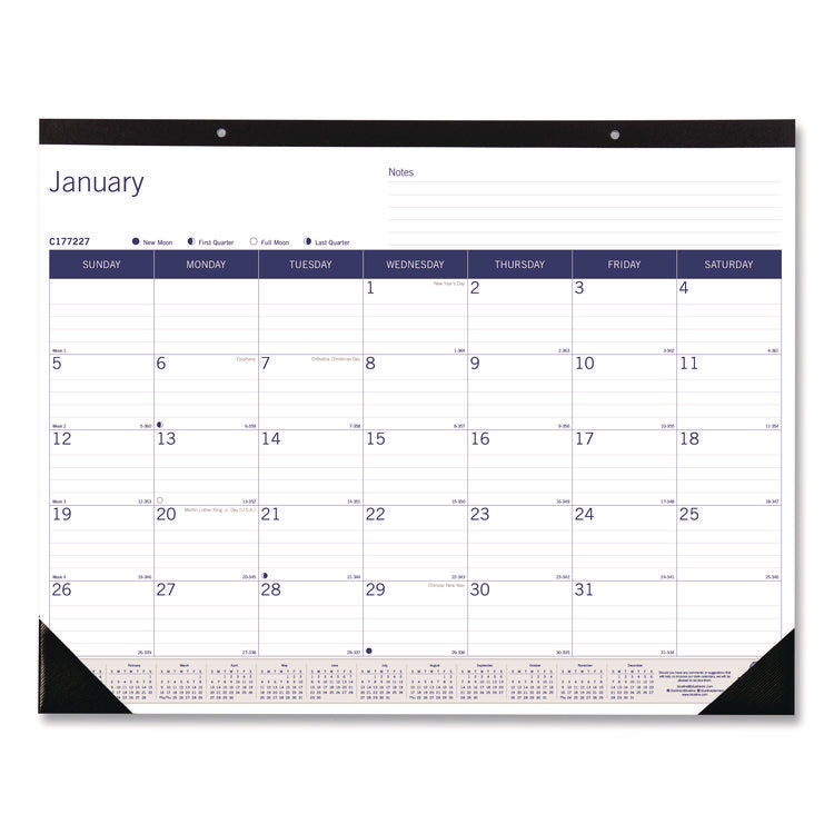 DuraGlobe Monthly Desk Pad Calendar, 22 x 17, White/Blue/Gray Sheets, Black Binding/Corners, 12-Month (Jan to Dec): 2025