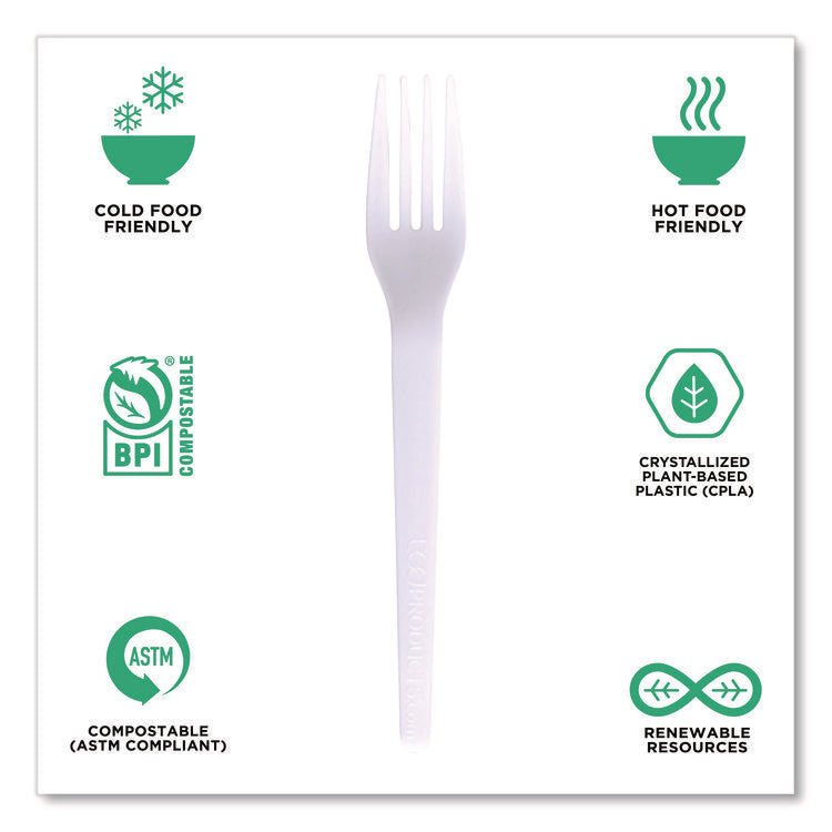 Plantware CPLA Cutlery, Individually Wrapped, Fork, Plastic, White, 1,000/Carton
